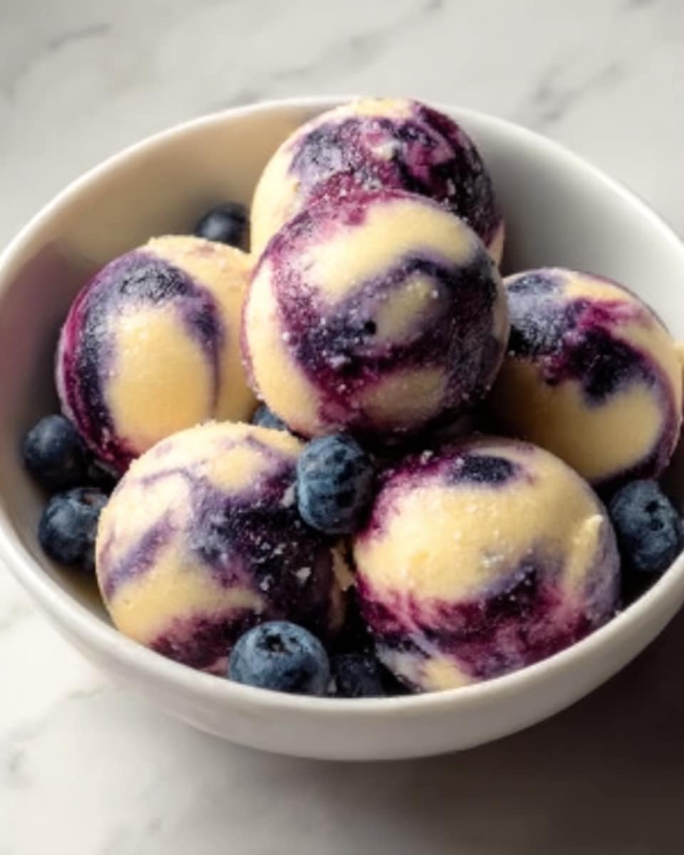 The image shows a cluster of four round blueberry balls with a smooth, slightly glossy surface. Each ball is mostly light purple with dark purple blueberry spots inside and is topped with white creamy drizzle running vertically. A fresh blueberry sits on top of the highest ball, while loose blueberries are scattered around on a white marbled surface. Some tiny white seeds are sprinkled on the balls. photo taken with an iphone --ar 4:5 --v 7