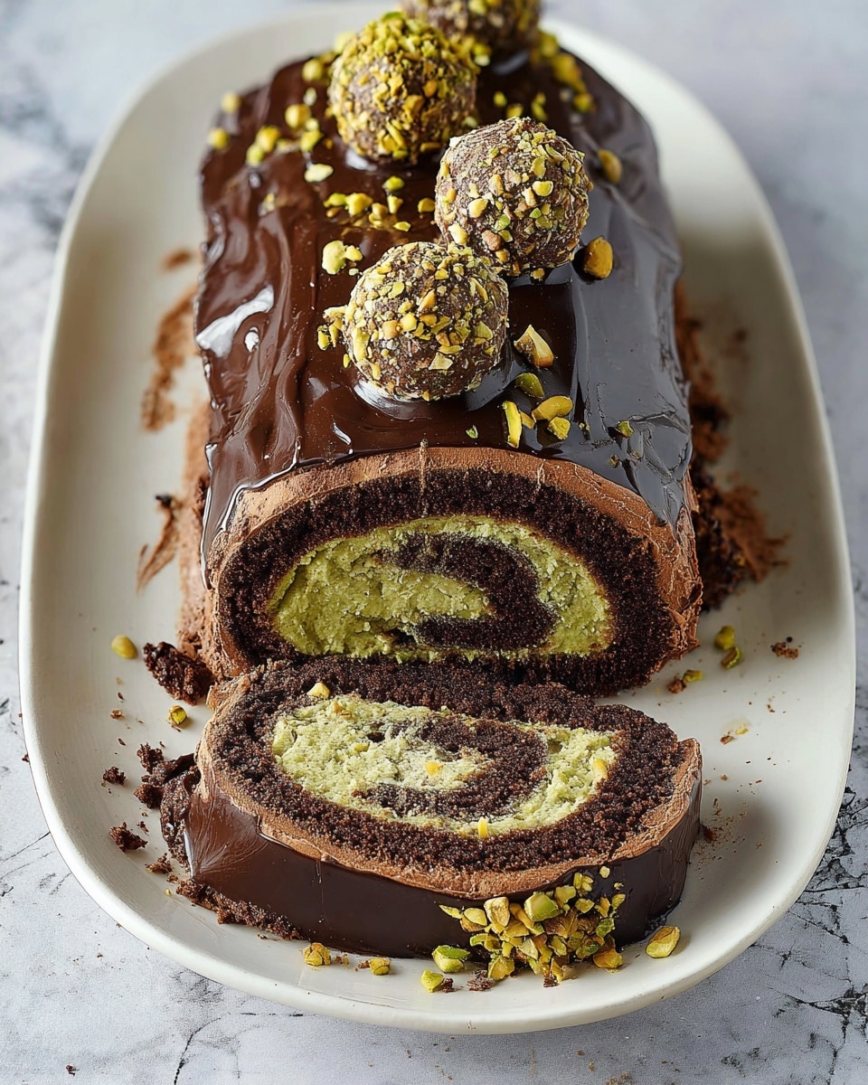 A chocolate roll cake is sliced and placed on a white oval plate with a white marbled surface in the background. The cake has three visible layers: the dark chocolate sponge cake forms the outer swirl, the light green pistachio filling is rolled inside, and a smooth light brown chocolate cream covers the outside. On top, there is a thick layer of shiny dark chocolate glaze dripping slightly down the sides. Four round pistachio-coated truffles are placed on top and along the side of the cake, with crushed pistachios sprinkled around them. The texture looks moist and rich, with crumbs scattered at the edges. Photo taken with an iphone --ar 4:5 --v 7