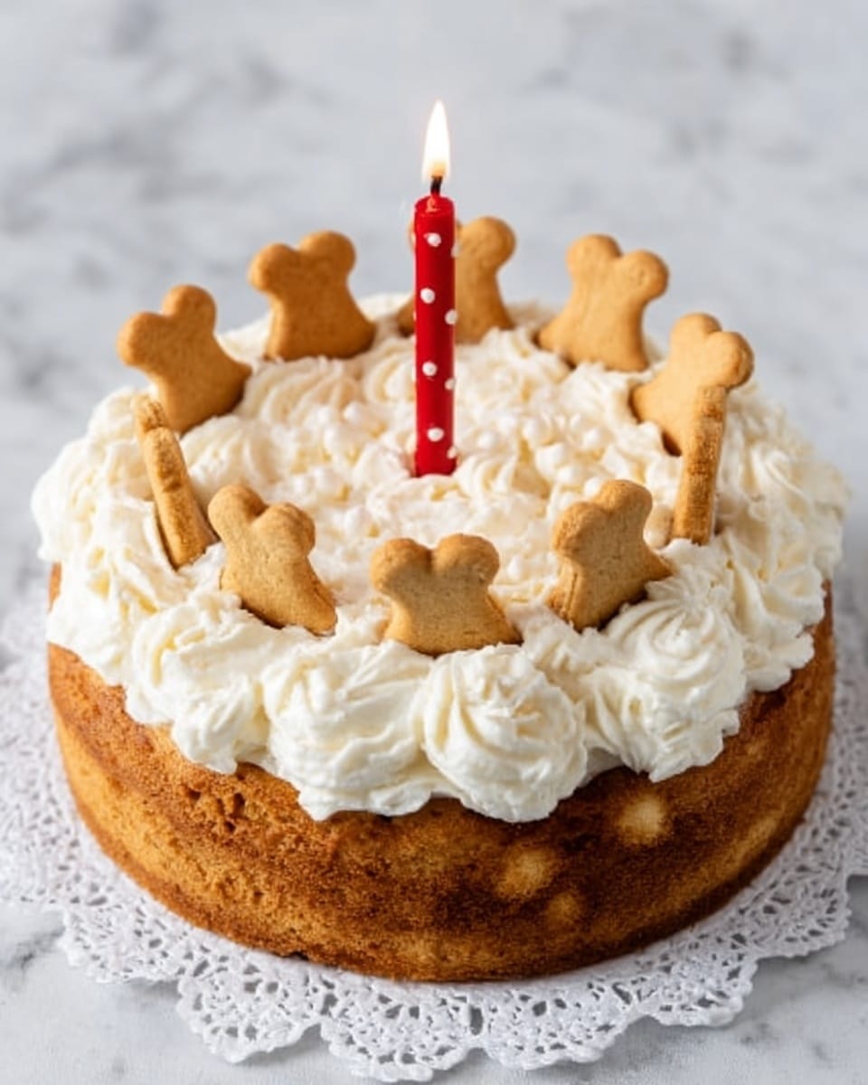 The image shows a round, single-layer brown cake on a white marbled surface, topped with a thick layer of white whipped cream piped in swirls all around the top edge. On top of the cream, there are evenly spaced light brown, bone-shaped dog biscuits standing upright, forming a ring. In the center of the cake, there is a single lit red candle with white dots. The cake is placed on a white doily that rests on the white marbled surface. Photo taken with an iphone --ar 4:5 --v 7