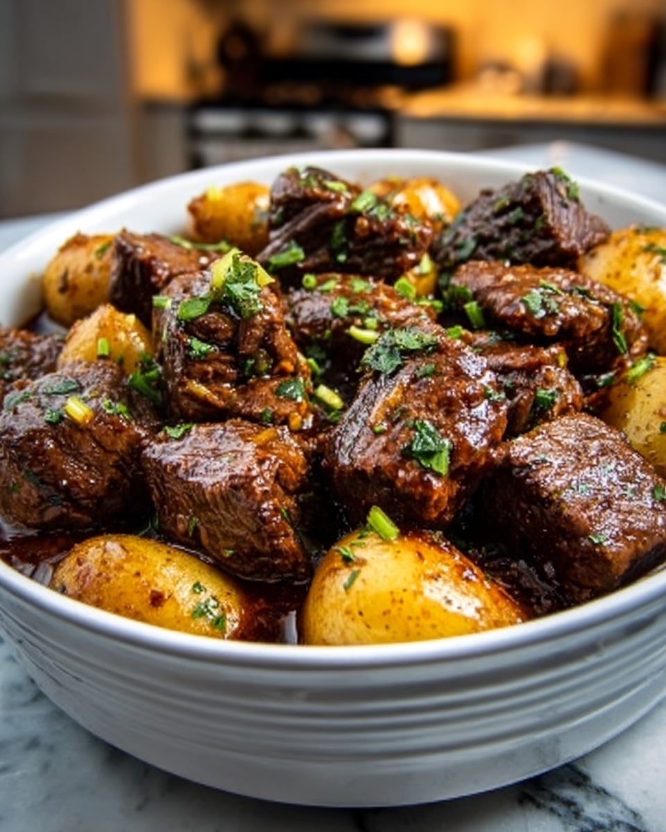 The image shows a white bowl filled with a hearty dish of beef and potatoes. There are several large, dark brown, well-cooked beef chunks that look tender and juicy, mixed with golden brown roasted potato pieces. The beef and potatoes are coated with a shiny glaze, likely from the cooking juices and seasoning, with small green pieces of chopped herbs sprinkled on top. The bowl is placed on a white marbled counter, and there is a warm kitchen background slightly blurred. Photo taken with an iphone --ar 4:5 --v 7