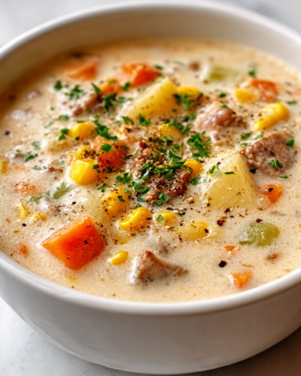 A close-up of a white bowl filled with creamy soup that has three main visible layers: the base is thick and cream-colored with a smooth texture, the middle layer contains chunks of soft brown meat, bright yellow corn, and small diced orange carrots, and the top layer is sprinkled with finely chopped green herbs and small black pepper flakes, all sitting on a white marbled surface. photo taken with an iphone --ar 4:5 --v 7
