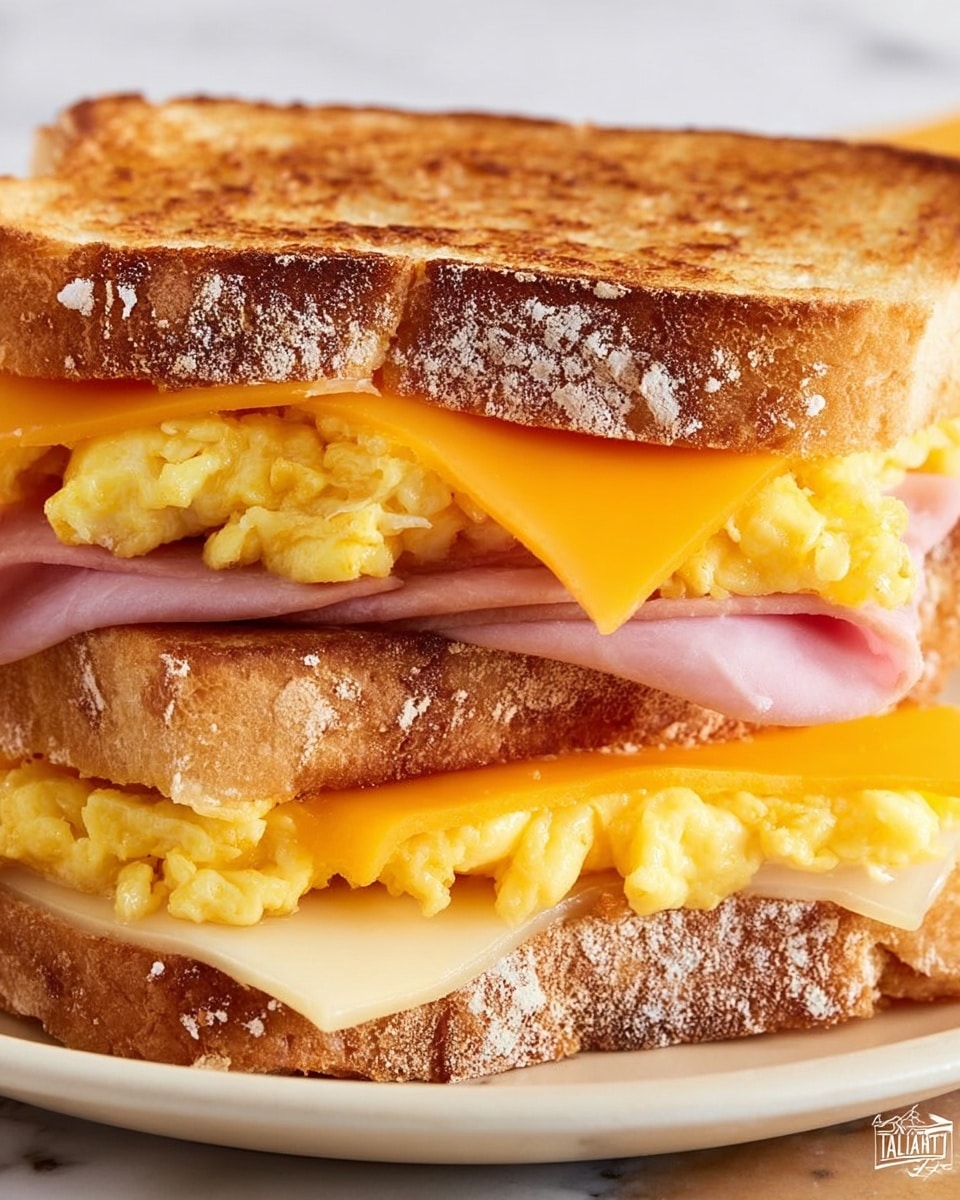 A close-up view of a sandwich made with two slices of toasted bread that have a light brown, crispy texture with some flour dusting on the crust. The sandwich has four main layers visible: at the bottom, a layer of melted white cheese resting on the bottom slice of bread, followed by a layer of folded pink ham. Above the ham, there is a layer of fluffy scrambled eggs with a soft, yellow color. On top of the eggs, a slice of bright orange cheddar cheese is slightly melted, just beneath the top slice of toasted bread. The sandwich is placed on a white plate with a white marbled texture in the background. Photo taken with an iphone --ar 4:5 --v 7