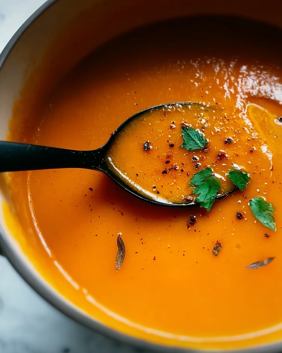 The image shows a smooth orange soup in a white bowl with a slightly thick texture. Floating on the surface are a few small green parsley leaves and some scattered black pepper flakes, adding contrast to the bright soup. A black spoon dips into the soup, holding some of the thick, creamy liquid. The edges of the bowl show a bit of the orange soup residue. The photo is taken on a white marbled surface, giving it a clean, fresh look. Photo taken with an iphone --ar 4:5 --v 7