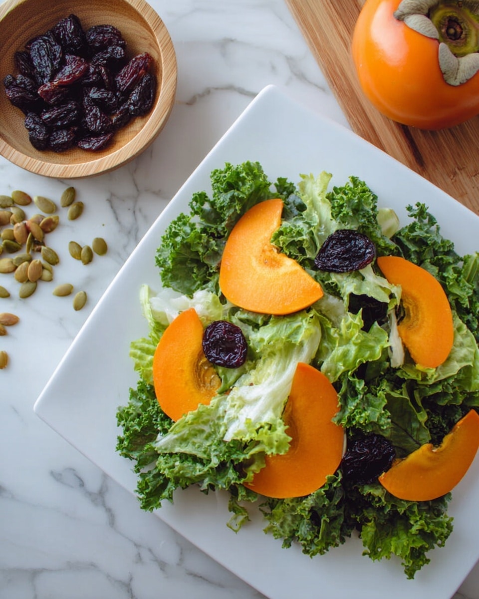 A white square plate holds a leafy green salad arranged in loose layers. The bottom layer consists of dark green kale with a slightly wrinkled texture, topped with lighter green romaine lettuce leaves that have a smooth texture. Bright orange slices of persimmon are arranged on top, cut in thick wedges showing their smooth, shiny skin and soft flesh. Dried dark purple berries are scattered evenly across the salad along with light green pumpkin seeds, adding contrast and texture. Nearby on a white marbled surface, there is a small light wooden bowl filled with more dried berries, and a whole persimmon sits next to it. Photo taken with an iphone --ar 4:5 --v 7