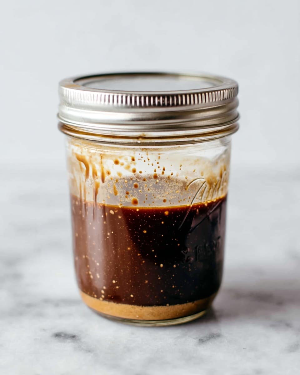 A clear glass jar with a silver lid contains a dark brown sauce filling about one third of the jar at the bottom. The inside of the jar has splashes and drips of thick, orange-brown sauce running down from the top, creating a textured look on the glass. The jar is placed on a white marbled surface, and the background is plain white. Photo taken with an iphone --ar 4:5 --v 7
