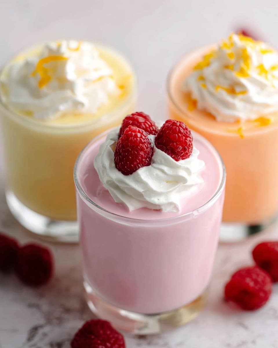 A close-up of three clear glasses filled with colorful layered drinks on a white marbled surface; the front glass shows a pink layer topped with a swirl of white whipped cream and three red raspberries resting on top, while the glass slightly behind and to the left holds a light yellow drink topped with whipped cream and small yellow zest pieces, and the glass behind and right has a coral orange drink topped with whipped cream and orange zest. Photo taken with an iphone --ar 4:5 --v 7