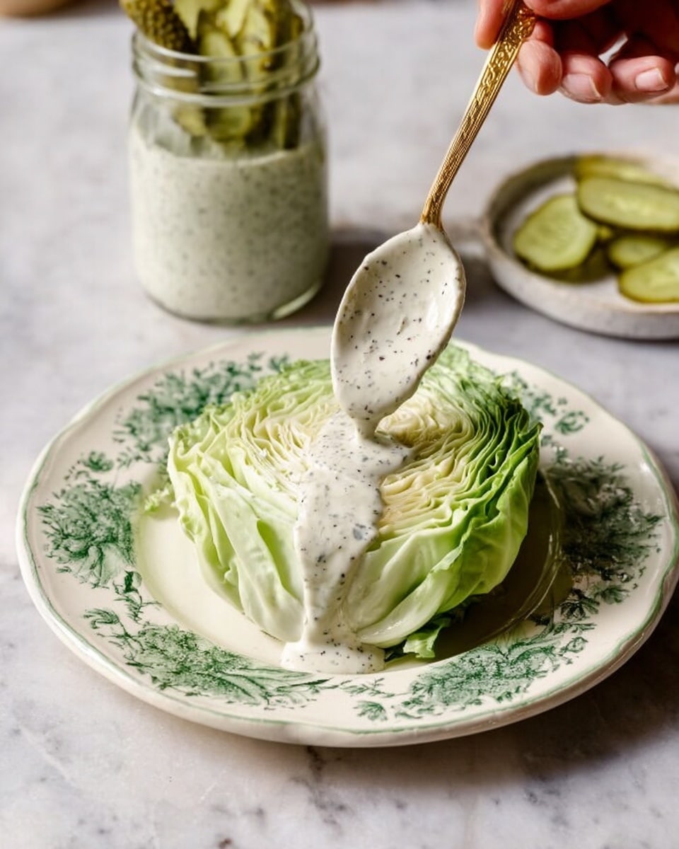 A quarter wedge of pale green cabbage with thick, textured layers sits on a white plate with green floral patterns around the edge. A woman's hand holds a spoon with a long gold handle, pouring thick, creamy white dressing flecked with black herbs over the top layer of the cabbage. Behind the plate, there is a glass jar filled with the same dressing and thinly sliced pale green pickles with crinkled edges rest nearby. The scene is set on a white marbled surface. Photo taken with an iphone --ar 4:5 --v 7