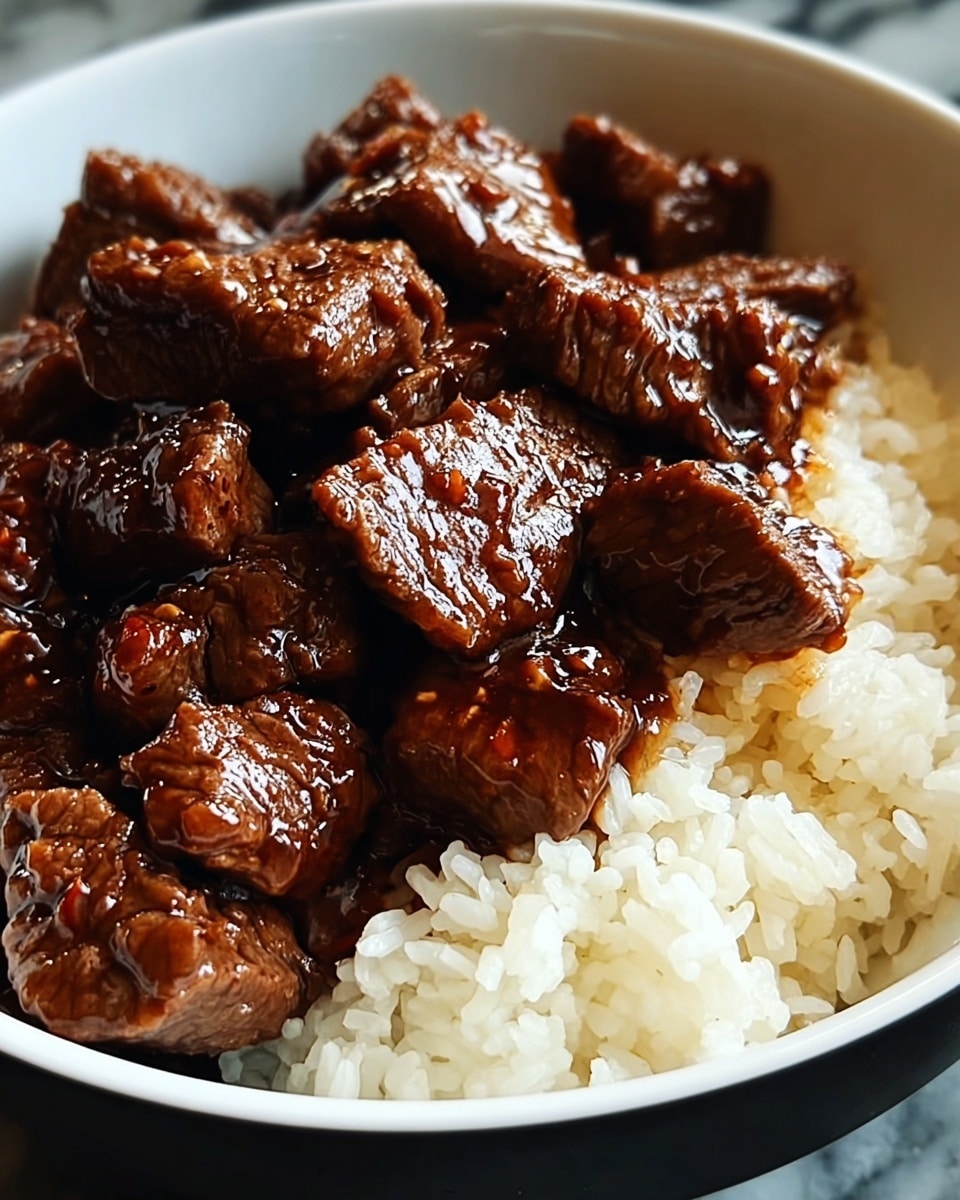 A close-up of a bowl filled with two layers; the bottom layer is white, fluffy cooked rice, and the top layer consists of shiny, dark brown beef chunks covered in a glossy sauce with a slightly textured surface. The white bowl contrasts with the rich colors of the food, all set on a white marbled texture. photo taken with an iphone --ar 4:5 --v 7