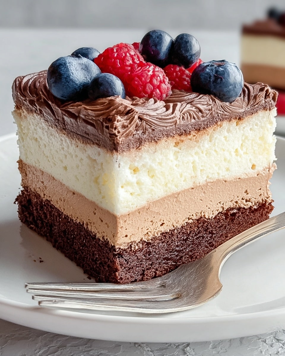 A close-up of a square slice of layered dessert on a white plate with a white marbled texture surface underneath. The dessert has four visible layers: a thick, rich dark brown chocolate cake base at the bottom; above that, a light brown creamy layer; then a thick, fluffy white layer; and on top, a smooth milk chocolate layer with a swirled texture. Fresh blueberries and red raspberries are placed on the chocolate layer, adding color contrast. A fork is partly inserted into the dessert from the left side. Photo taken with an iphone --ar 4:5 --v 7