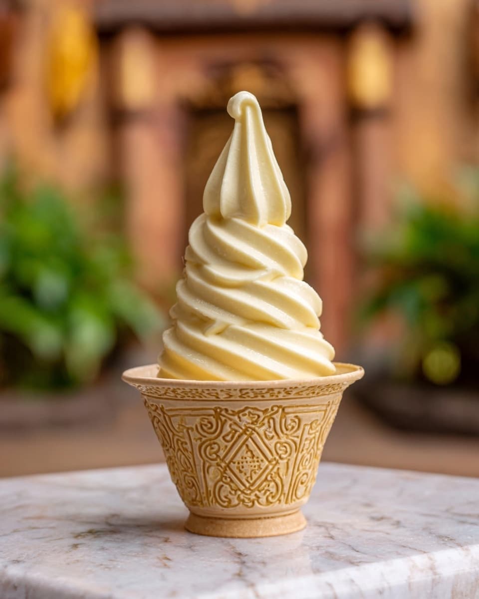 A colorful paper cup with red, blue, yellow, and green diagonal stripes holds a tall swirl of creamy vanilla soft serve ice cream with a smooth texture. The woman's hand is holding the cup from the bottom left corner. The background is a soft green with light circles giving a blurred effect. photo taken with an iphone --ar 4:5 --v 7