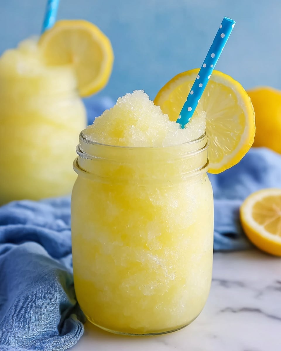 A glass jar filled with light yellow frozen slushy lemonade, piled high above the rim with a frosty texture, is placed on a white marbled surface with a soft, wrinkled blue cloth underneath. A bright yellow lemon slice with visible texture and seeds is perched on the rim of the jar, and a blue straw with white dots sticks out from the icy drink. In the background, there is a blurry, similar jar and a lemon slice lying flat on the surface. photo taken with an iphone --ar 4:5 --v 7