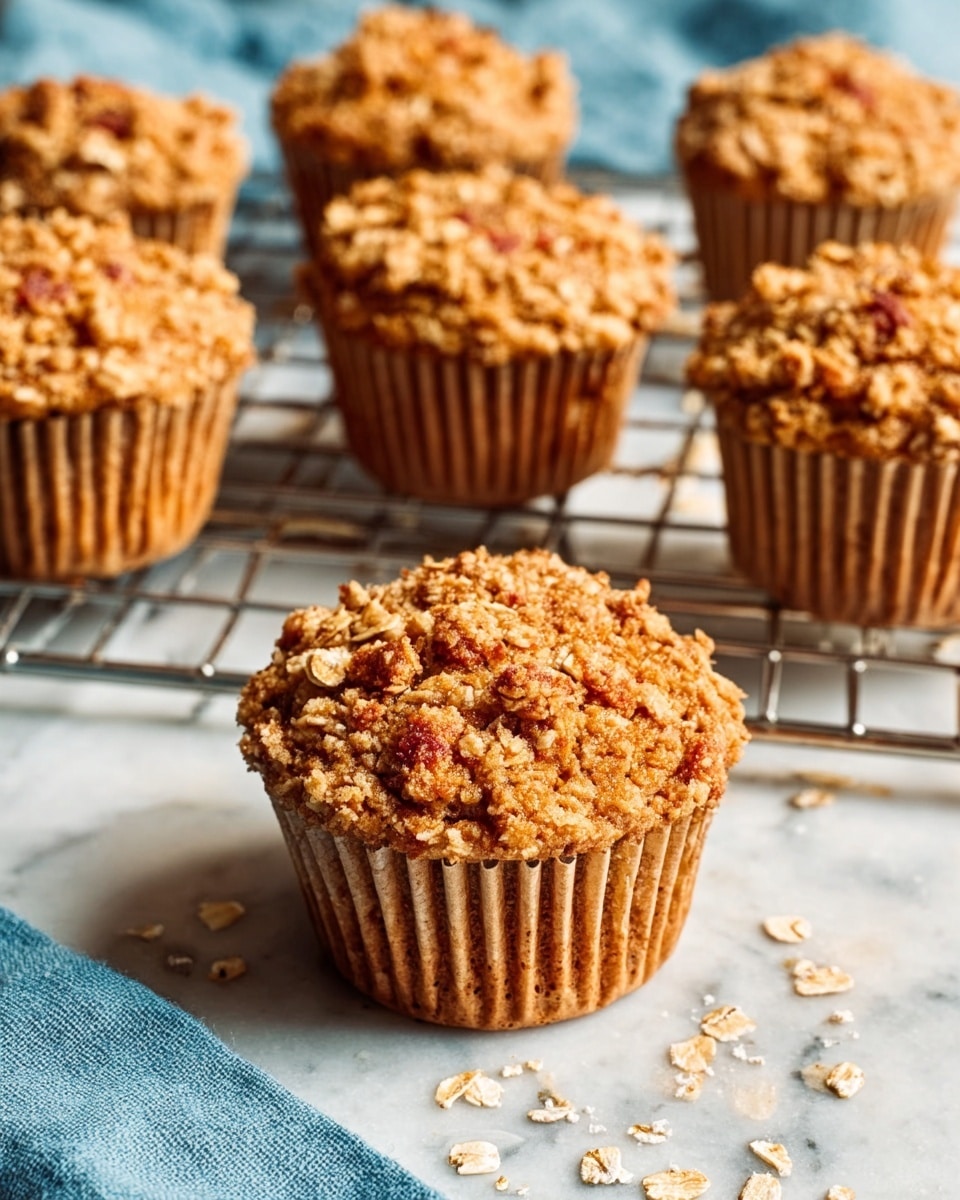 The image shows several muffins with a golden brown crunchy topping full of oats. One muffin is placed in the front on a white marbled surface, with small oat crumbs scattered around it. Behind it, more muffins sit on a silver cooling rack with a blue cloth underneath, creating a nice contrast. Each muffin’s top layer is rough and textured, while the body is smooth and light brown. The overall setting has a warm, baked look with natural light. photo taken with an iphone --ar 4:5 --v 7