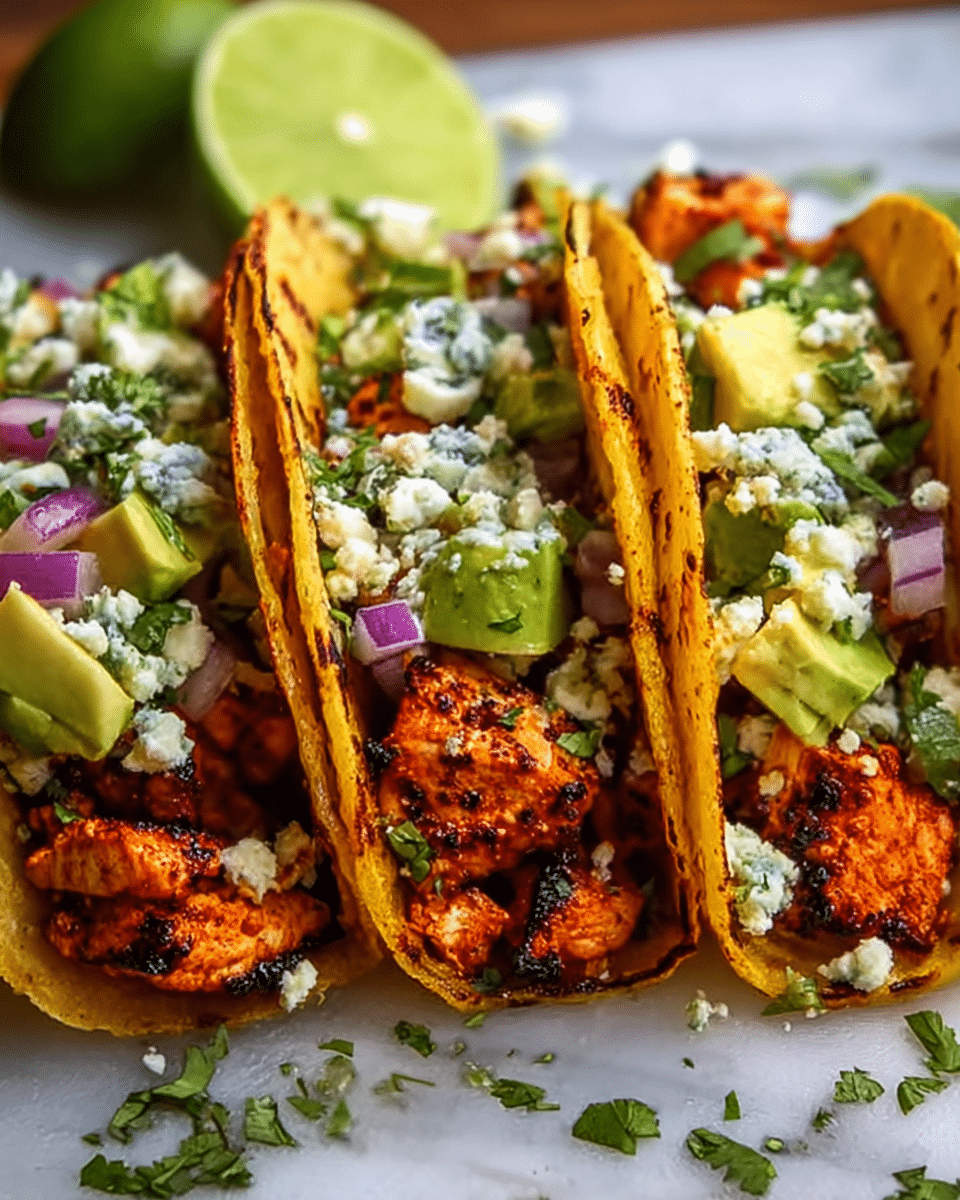 Three toasted yellow corn taco shells stand upright side by side, each filled with several layers: the bottom layer is grilled chunks of reddish-orange chicken with char marks, topped by chunks of light green avocado, small diced purple onions, and sprinkled with white crumbly cheese. Bright green chopped herbs are scattered on top and around the tacos. In the background, two lime wedges are slightly blurred, all set on a white marbled texture surface. Photo taken with an iphone --ar 4:5 --v 7