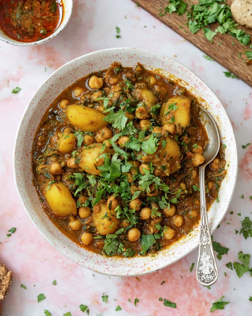 A white bowl with a light red speckled pattern holds a stew made of yellow potatoes, small light brown chickpeas, and green herbs mixed in a thick, dark brownish-green sauce. The stew is topped with fresh green chopped cilantro leaves. A silver spoon with an ornate handle is placed inside the bowl, resting on the right side. The bowl is set on a white marbled surface with scattered chopped cilantro around it. In the background, there is a wooden board with more chopped cilantro and a small white bowl with a reddish-brown sauce. photo taken with an iphone --ar 4:5 --v 7
