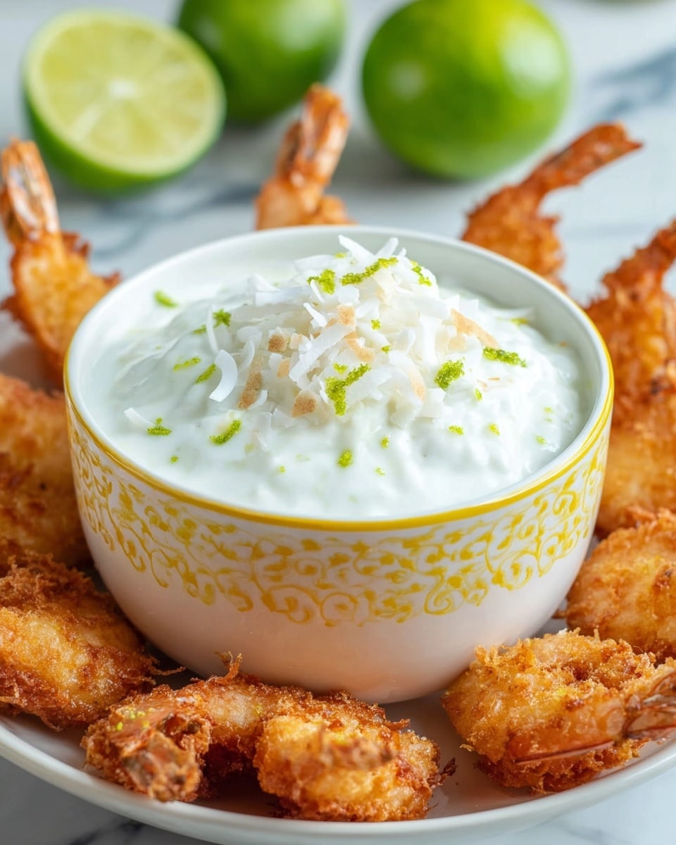 A small white bowl with yellow pattern and rim is filled with a thick white creamy sauce topped with white shredded coconut and small green lime zest pieces. The bowl sits in the center of a white plate surrounded by golden brown fried shrimp arranged in a circle, with their tails pointing outward. In the background, there are whole and sliced green limes on a white marbled surface. Photo taken with an iphone --ar 4:5 --v 7