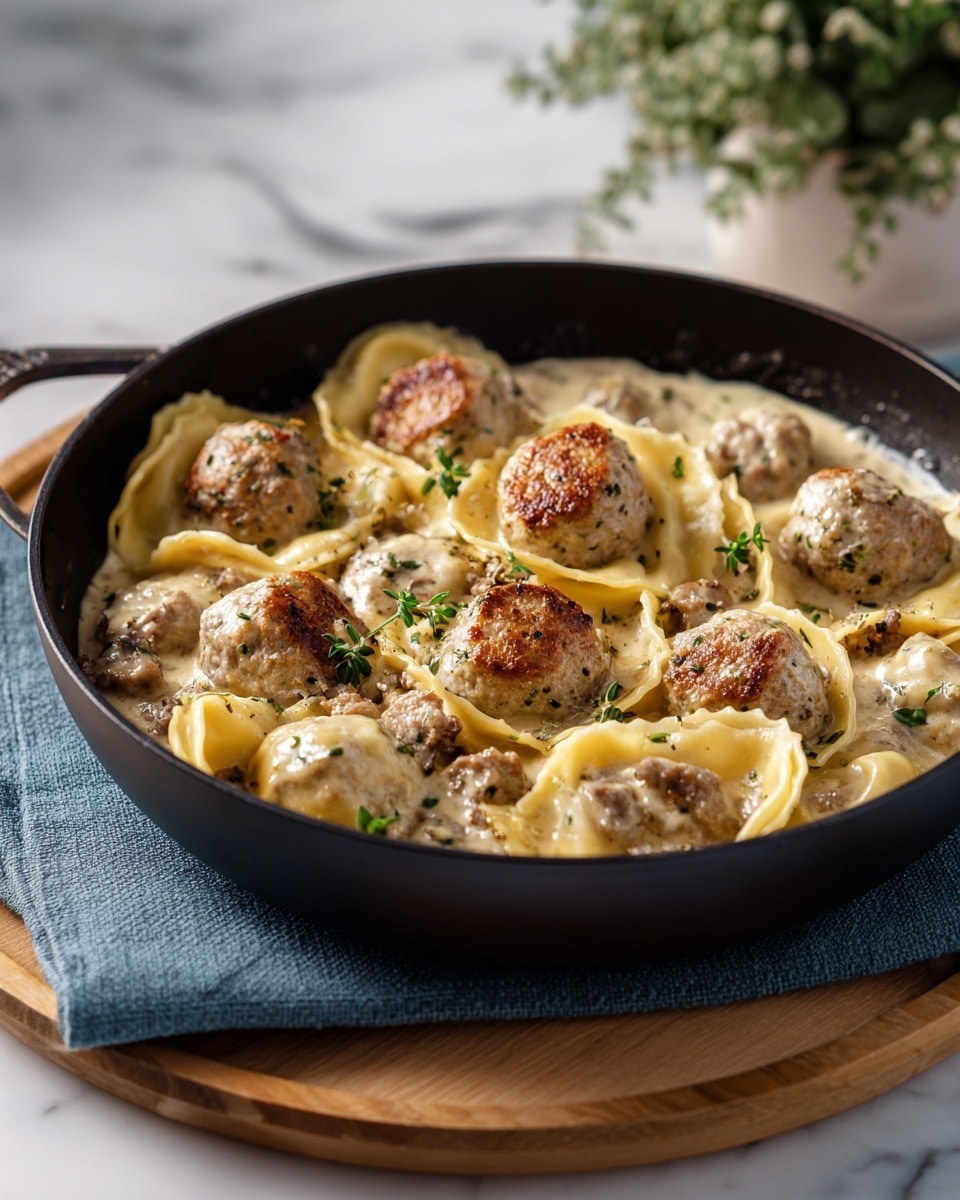 A black pan filled with golden brown, round meatballs and large, plump ravioli cooked in a creamy light brown sauce, with bits of browned meat mixed in. The dish is sprinkled with small green herb leaves on top, adding a fresh touch. The pan sits on a blue cloth and a light wooden board, with a blurred green plant in the background, all set on a white marbled surface. photo taken with an iphone --ar 4:5 --v 7