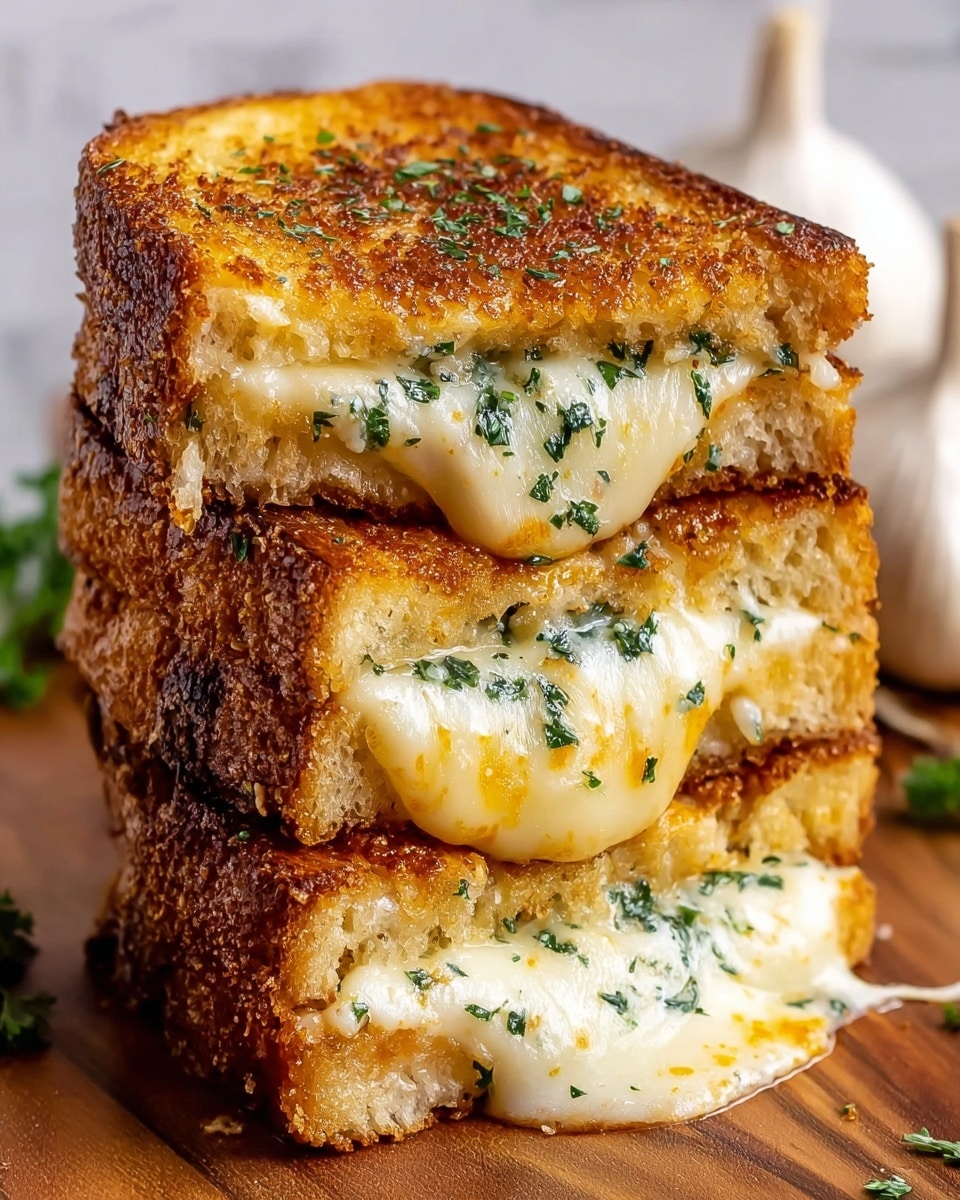 A close-up of a grilled cheese sandwich cut into two stacked halves, showing three layers of golden brown toasted bread with a crispy texture on the outside. Between each bread layer is a thick, gooey white melted cheese, stretching slightly and speckled with chopped green herbs. The sandwich top is sprinkled generously with bright green herbs, adding a fresh look. The sandwich sits on a light wooden surface with a blurred white marbled background. Photo taken with an iphone --ar 4:5 --v 7