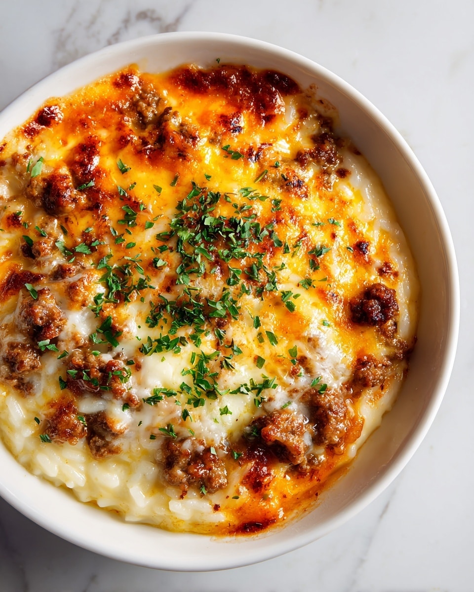 A close-up image of a baked dish in a white bowl showing three main layers: the bottom layer consists of creamy, soft, light beige risotto rice; the middle layer is made up of small chunks of browned cooked ground meat scattered evenly across the rice; the top layer is a melted cheese mix with vibrant orange and white colors, bubbly and slightly browned in spots, garnished with finely chopped green herbs sprinkled on the cheese surface. The bowl is placed on a white marbled surface. photo taken with an iphone --ar 4:5 --v 7