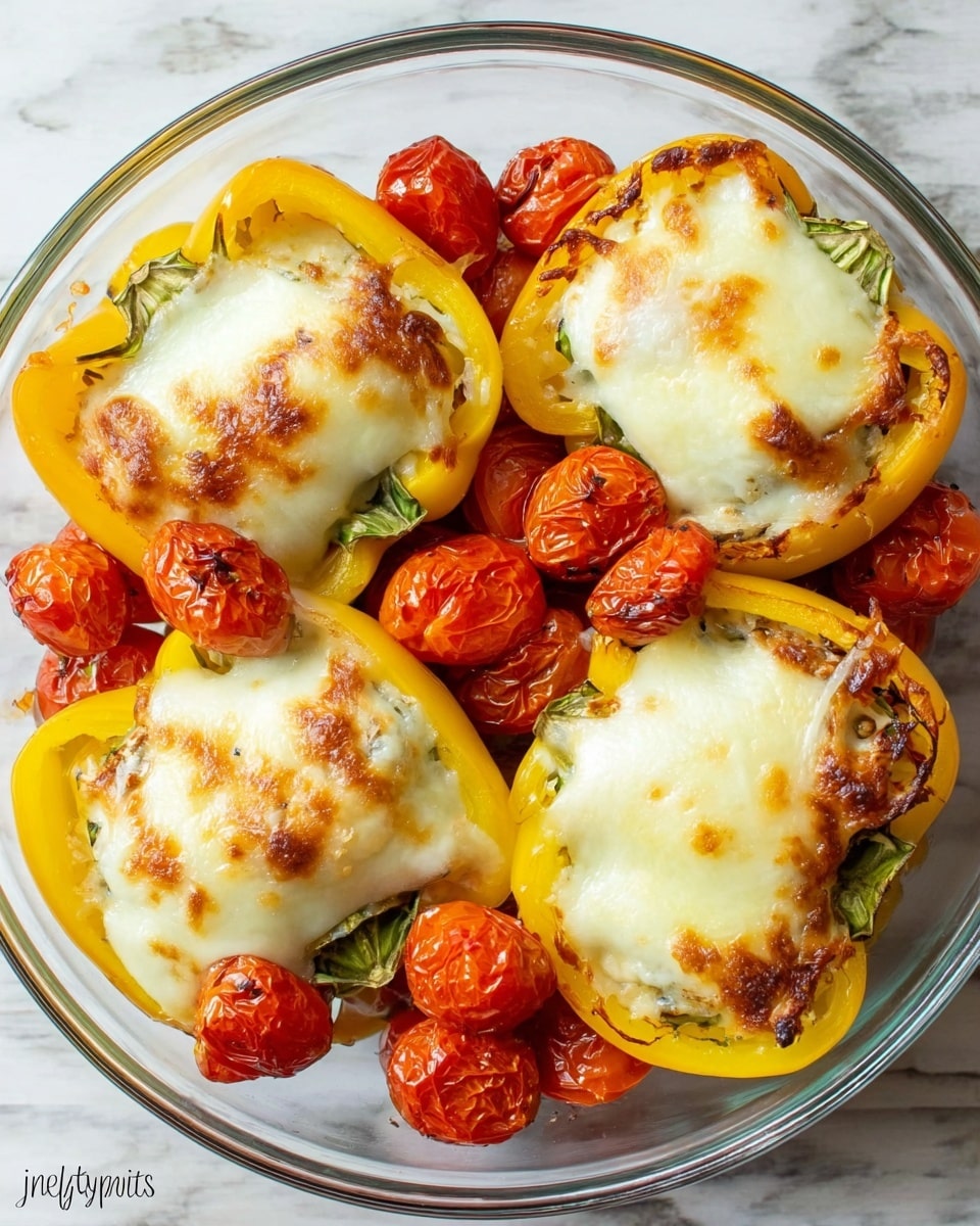 A close-up of a white oval glass baking dish filled with yellow bell peppers cut in half, topped with melted white cheese that is slightly browned and bubbly, sitting next to a black plate with one stuffed pepper on it. The stuffed pepper on the plate shows a base of yellow pepper, covered in creamy white melted cheese with light brown spots, accompanied by a few bright red cherry tomatoes on the side. A silver fork rests on the black plate, and the whole setting is placed on a white marbled texture. photo taken with an iphone --ar 4:5 --v 7