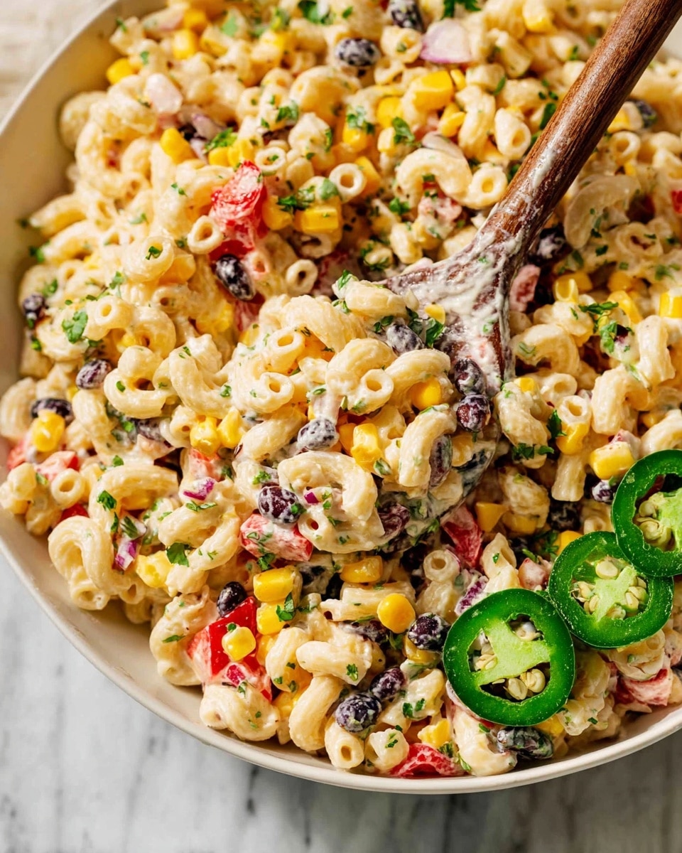A large white plate filled with a colorful macaroni salad that has small elbow pasta mixed with bright yellow corn, red bell pepper pieces, black beans, and chopped green herbs sprinkled on top. The salad is lightly coated in a creamy, orange-tinted dressing that covers all the ingredients evenly. Two wooden spoons rest in the salad toward the left side, with some of the creamy dressing on one spoon's edge. On the right side of the salad, three slices of green jalapeño pepper sit as a garnish. The plate sits on a white marbled surface, with a small white dish holding green herbs below it and a light-striped linen cloth in the background, along with a speckled bowl filled with lime wedges to the right. Photo taken with an iphone --ar 4:5 --v 7