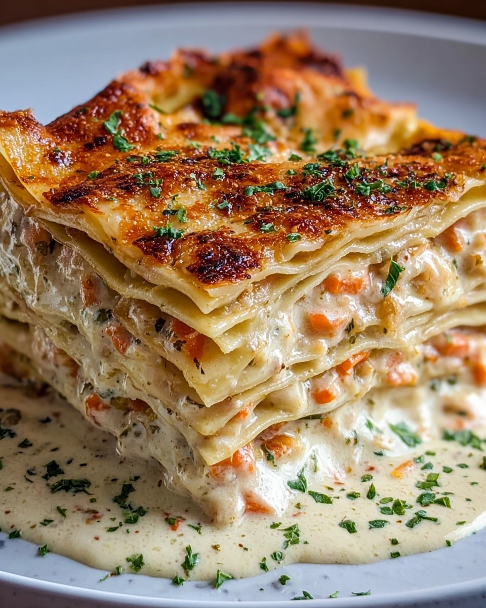 A thick slice of lasagna sits on a white plate with a white marbled texture beneath. The lasagna has five visible layers of flat pasta sheets, each separated by a creamy, white sauce mixed with small orange bits, possibly carrots or tomatoes, and specks of green herbs. The top layer is baked golden brown with a slightly crispy texture and small green herb pieces sprinkled on top. The sauce is creamy and slightly oozes at the bottom edges, with some green herb garnish scattered on the plate around the lasagna. The image is sharp and close-up, showing the melted cheese texture and layers clearly. photo taken with an iphone --ar 4:5 --v 7