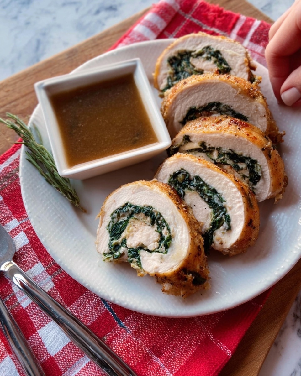 The image shows a white plate with several slices of rolled food, each slice has a light brown outer layer with a green spinach filling and small bits of red color inside. The rolls are placed on top of a thick, bright red sauce that covers most of the plate's bottom. In the background, slightly out of focus, there is a piece of toasted bread topped with more tomato sauce. The plate sits on a white marbled surface. photo taken with an iphone --ar 4:5 --v 7