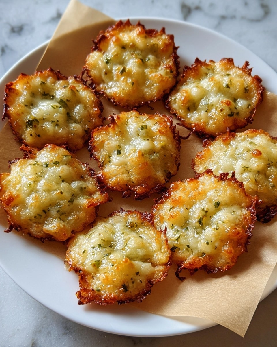 The image shows a white plate holding eight small crispy cheese snacks placed on light brown parchment paper. Each snack has one layer with a golden-brown crunchy edge and a bubbly melted cheese center mixed with small green herb pieces, giving a textured look. The snacks are round with uneven edges, and the melted cheese appears shiny and slightly browned in spots. The plate sits on a white marbled surface in soft daylight. photo taken with an iphone --ar 4:5 --v 7