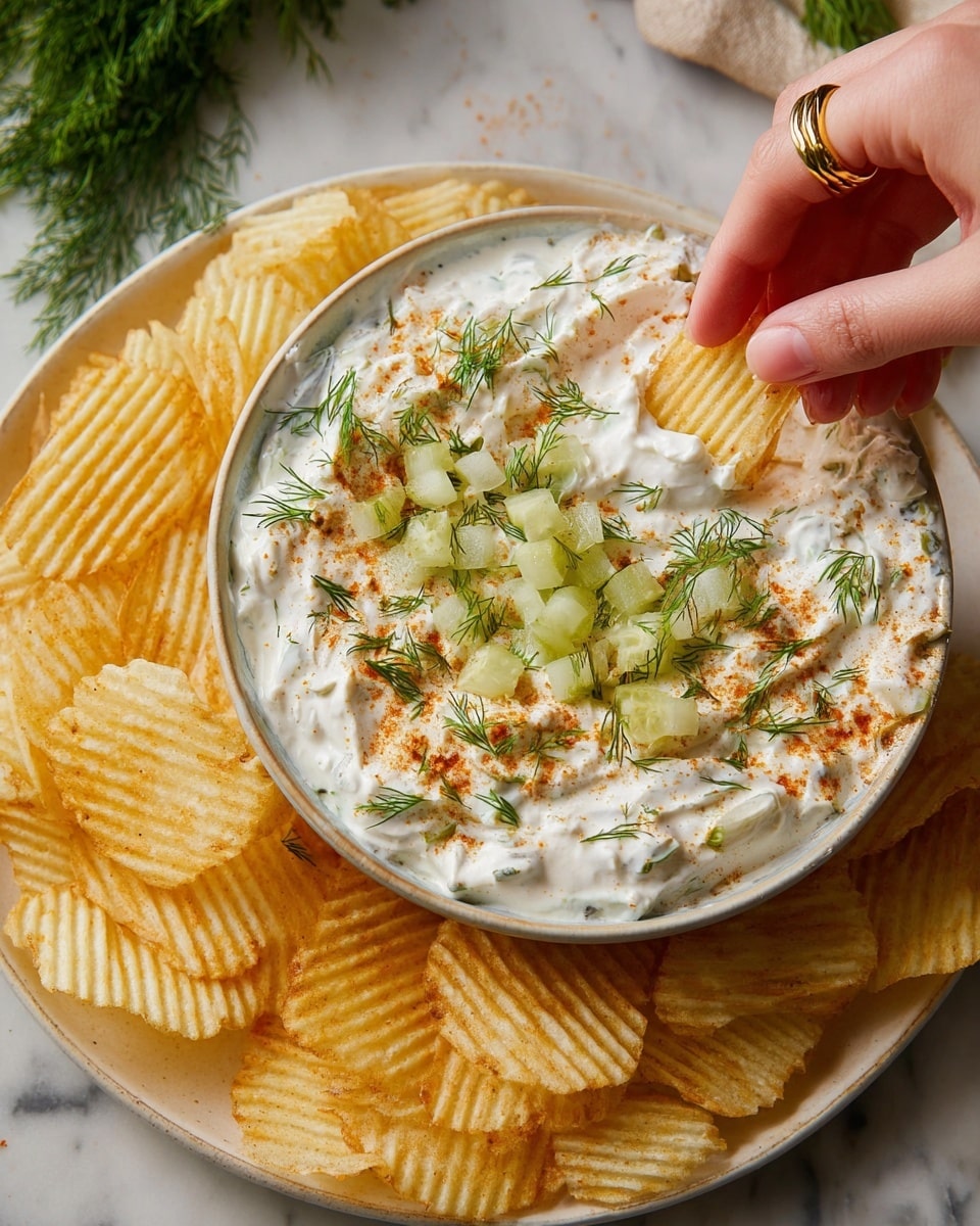 A close-up of a creamy white dip in a round white bowl, topped with small light green pickle pieces, fresh green dill sprigs, and a sprinkling of orange seasoning, giving a textured look across the surface. The bowl sits on a white plate filled with ridged, golden-yellow potato chips. A woman's hand adorned with a gold ring is dipping one chip coated in the creamy dip. The scene is set over a white marbled surface with bits of green herb visible in the background. photo taken with an iphone --ar 4:5 --v 7