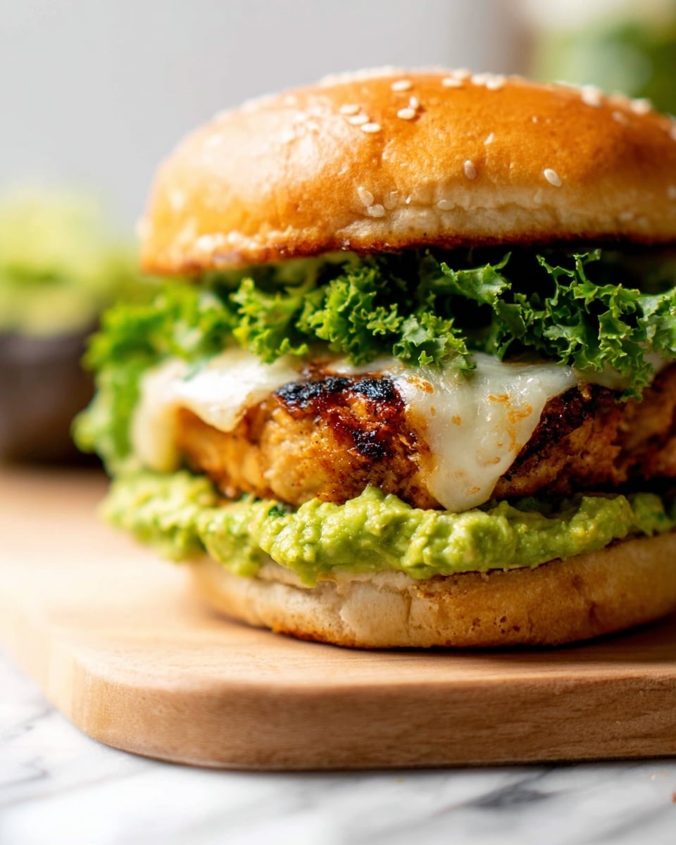 A close-up view of a burger with four visible layers: at the bottom a soft sesame seed bun in light golden brown, above it a thick layer of bright green mashed guacamole with a creamy and chunky texture, then a layer of crisp, curly dark green lettuce leaves, topped by a grilled chicken patty with a golden brown texture, slight char marks, and melted white cheese oozing on the sides. The top bun is partially visible in the background with a smooth, light brown surface. The burger sits on a light wooden board with a white marbled texture surface in the background. Photo taken with an iphone --ar 4:5 --v 7