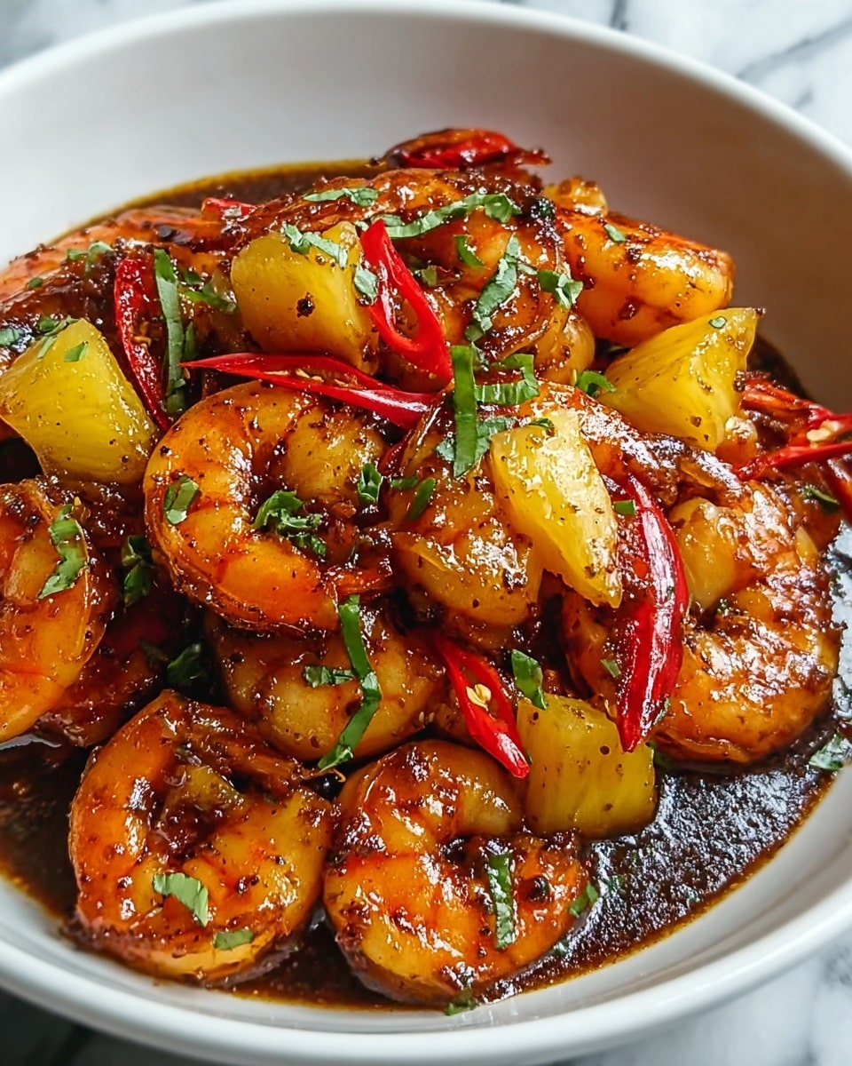 The image shows a close-up of a bowl filled with cooked shrimp coated in a shiny, dark brown sauce with visible spices. The shrimp are bright orange with a slight charred texture. Scattered throughout are small yellow pineapple chunks and thin slices of red chili peppers, adding colors of yellow and red. Small green herbs are sprinkled on top, providing a fresh green contrast. The food is served in a white bowl, set against a white marbled background. photo taken with an iphone --ar 4:5 --v 7