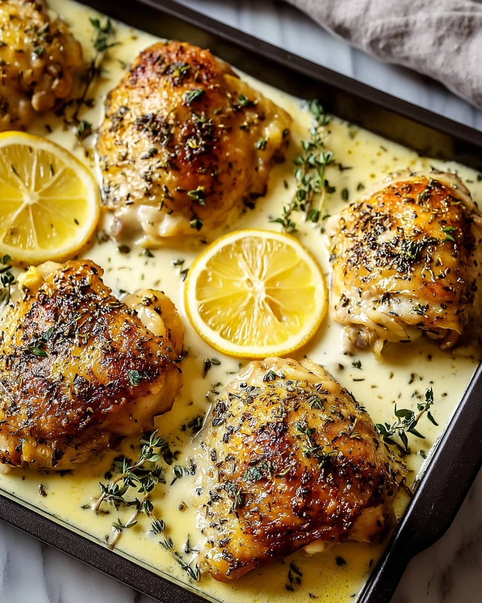 A close-up view of a black baking tray filled with four pieces of golden brown roasted chicken thighs, each with a crispy skin sprinkled with dried herbs, resting in a light cream sauce. The sauce has a smooth texture and appears to coat the base of the tray. Three lemon slices with a bright yellow rind and translucent pale-yellow flesh are placed on the sauce, positioned at the corners and sides among the chicken. Small sprigs of fresh green herbs are scattered over the chicken and sauce, giving a fresh contrast to the warm colors. The background is a white marbled texture. Photo taken with an iphone --ar 4:5 --v 7