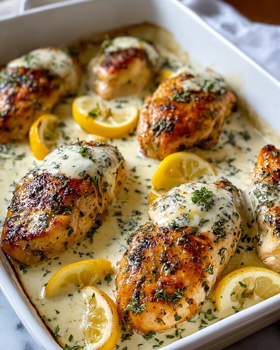 The image shows five golden brown grilled chicken breasts with a slightly crispy texture on top, placed inside a white rectangular baking dish. The chicken is covered with a creamy white sauce speckled with green herbs, with some herbs finely chopped and spread across the dish. Around and between the chicken pieces are thick, bright yellow lemon wedges with fresh pulp showing. The baking dish sits on a surface with a white marbled texture, and soft light highlights the juicy and tender look of the chicken and sauce. Photo taken with an iphone --ar 4:5 --v 7