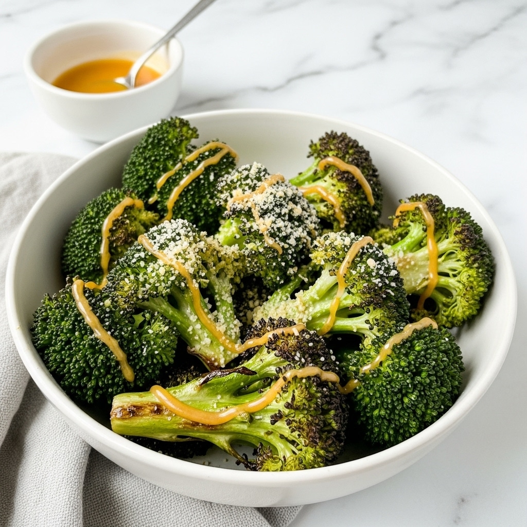 A white bowl filled with cooked broccoli florets that have a mix of dark green and some charred deep brown spots. The broccoli is topped with a light dusting of grated cheese that is pale yellow, adding a slightly grainy texture over the florets. Drizzled over the broccoli is a thin, shiny layer of golden sauce. Behind the bowl on the white marbled surface, there is a small white bowl with extra sauce. A soft, light gray cloth is partially visible under the bowl, adding a cozy touch. photo taken with an iphone --ar 4:5 --v 7