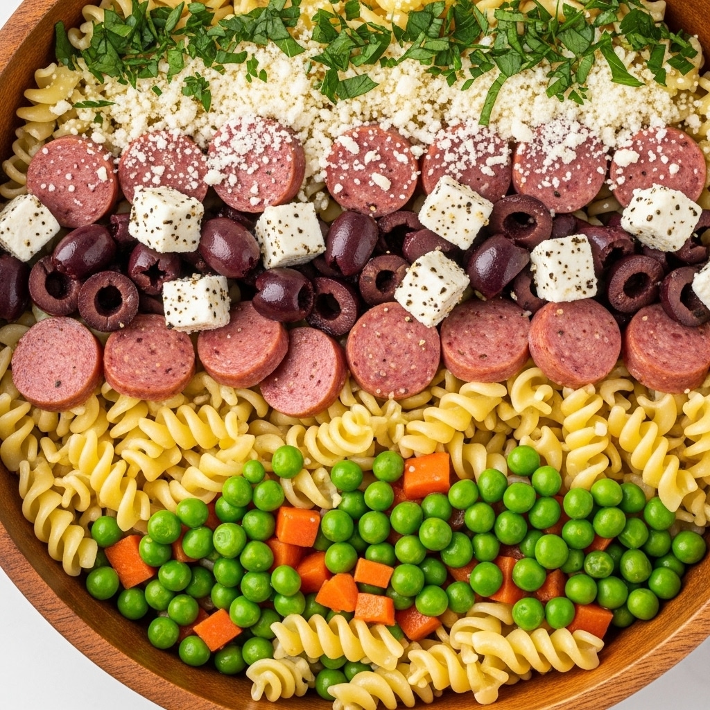 A close-up of a bowl filled with creamy tortellini pasta mixed with small slices of pepperoni, black olives, and chopped green peppers scattered evenly throughout. The tortellini pieces are plump and pale yellow, showing a smooth, soft texture coated in a white creamy sauce with specks of black pepper on top. The sliced pepperoni adds a splash of red, contrasting with the dark olives and bright green vegetables. The bowl is white with a thin brown rim, and a silver fork is inserted into the pasta on the right side. The background is a white marbled texture. Photo taken with an iphone --ar 4:5 --v 7