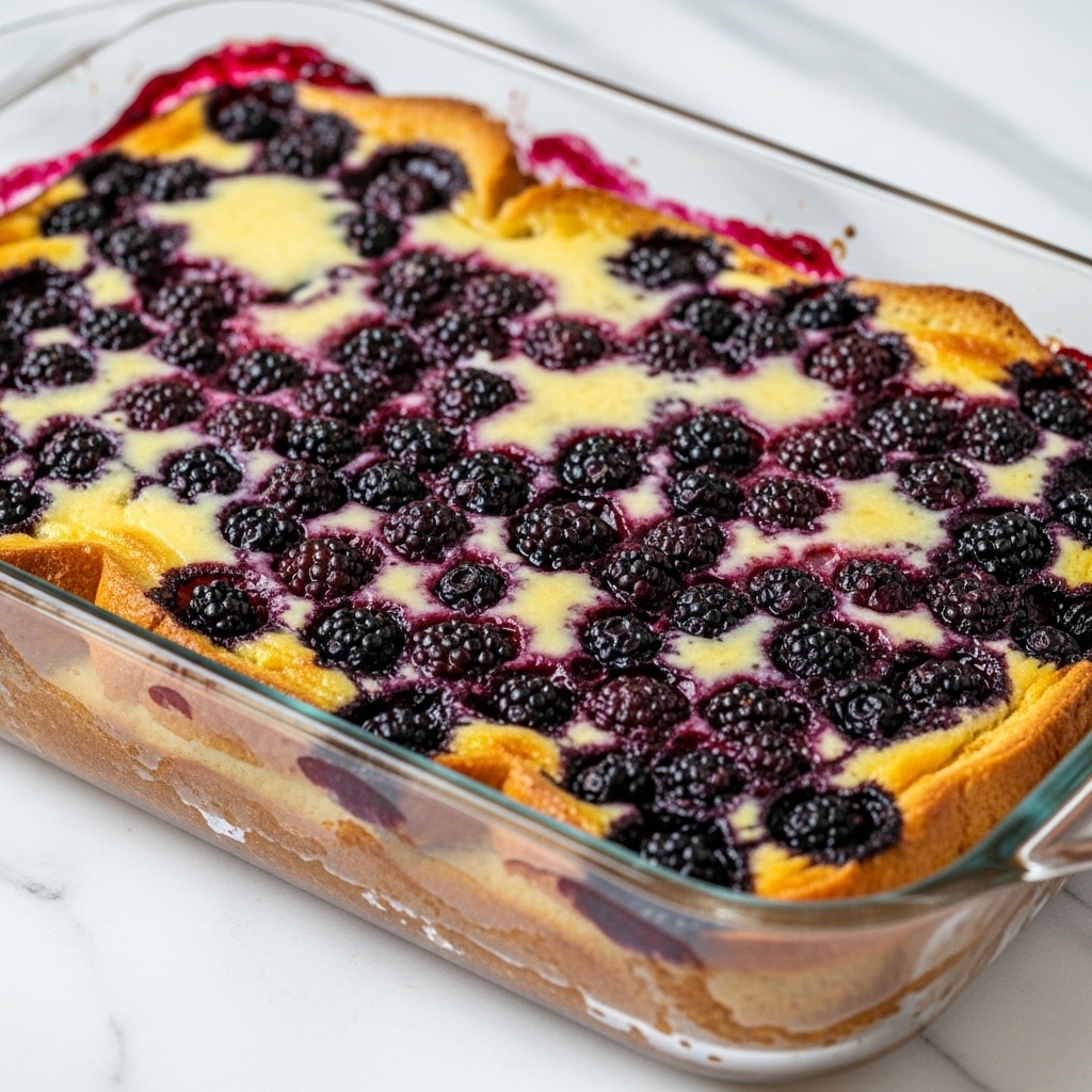A clear glass baking dish filled with a baked dessert, showing five layers: the bottom layer is golden brown cake, topped with a slightly uneven layer of melted, soft butter or custard with a creamy light yellow color; scattered on top are clusters of dark purple-blackberries, some sunk slightly into the custard; the whole dessert has a shiny glaze with hints of caramelized brown edges around the fruit; the baking dish rests on a white marbled surface. Photo taken with an iphone --ar 4:5 --v 7