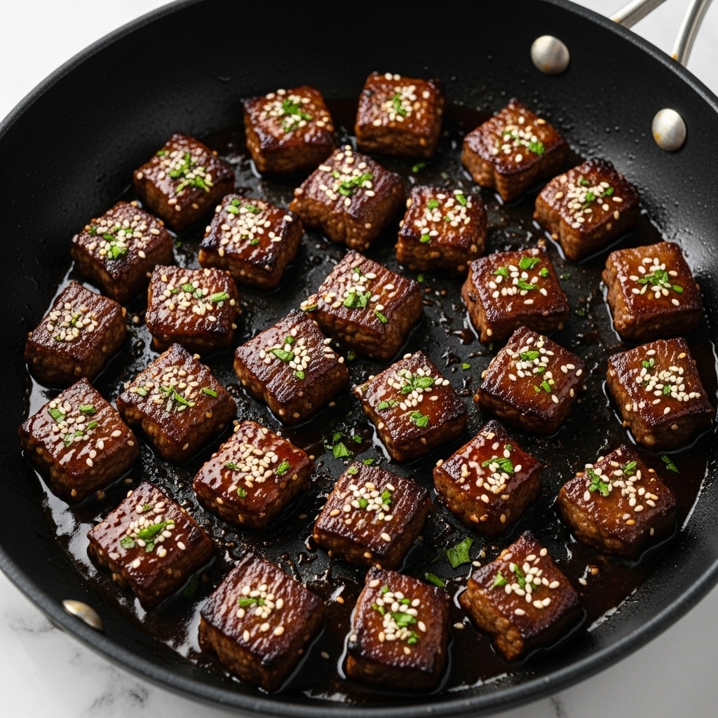 The image shows a black skillet filled with about twenty small, square pieces of cooked beef that are browned and glossy with sauce. Each piece is shiny with a caramelized texture and covered lightly with sesame seeds and chopped green herbs scattered evenly over the top. The beef pieces sit in a pool of rich, dark brown sauce that coats the bottom of the skillet. The skillet is placed on a white marbled surface. photo taken with an iphone --ar 4:5 --v 7