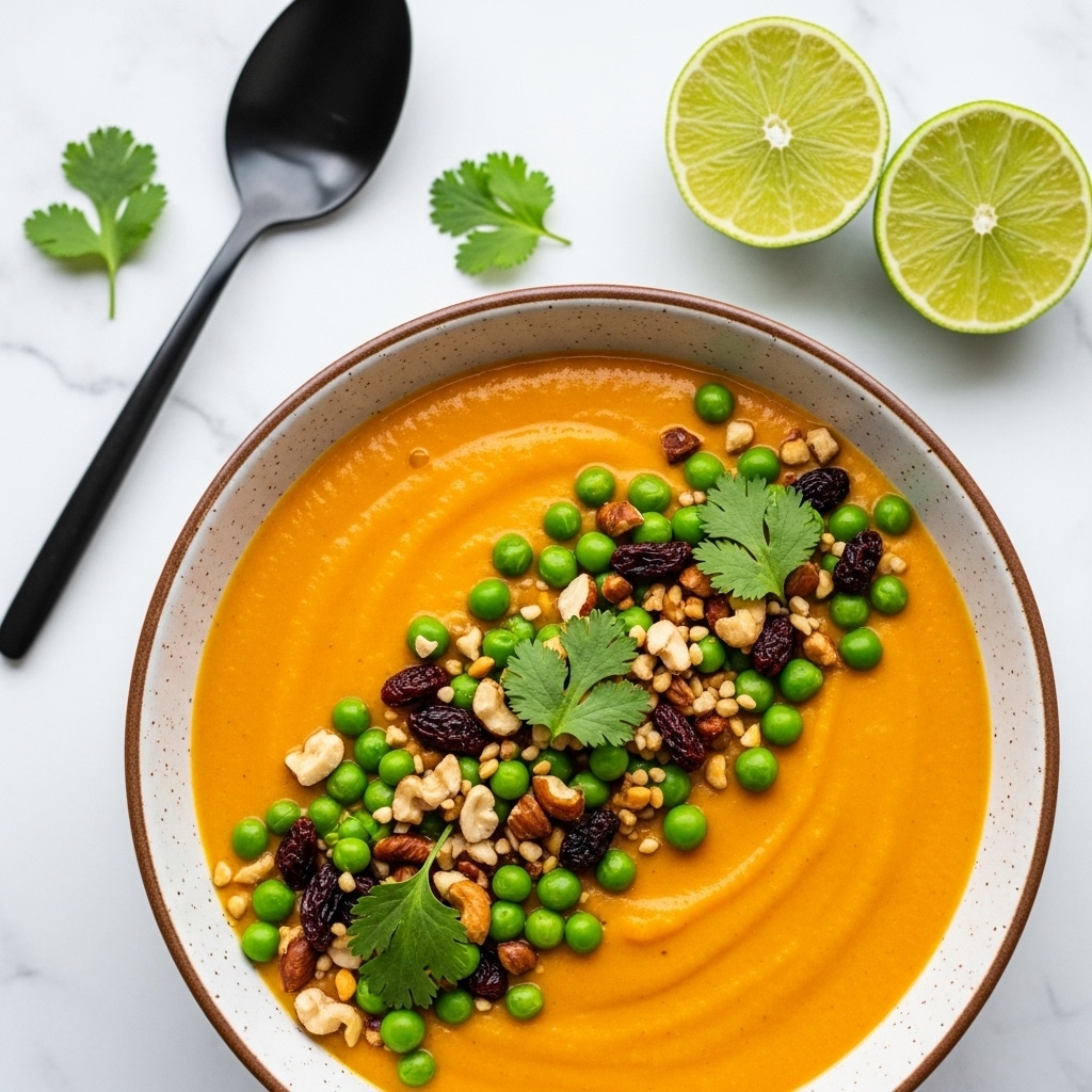 A close-up view shows a smooth orange soup served in a white bowl with a speckled brown rim. The soup surface is topped with a colorful mix of bright green peas, chopped nuts with creamy and brown tones, and bits of dark red dried fruit, along with fresh green cilantro leaves scattered on top. A black spoon and two lime halves are placed on a white marbled surface nearby, with small cilantro pieces scattered around. The texture of the soup is silky and even, contrasting with the crunchy, fresh toppings. photo taken with an iphone --ar 4:5 --v 7