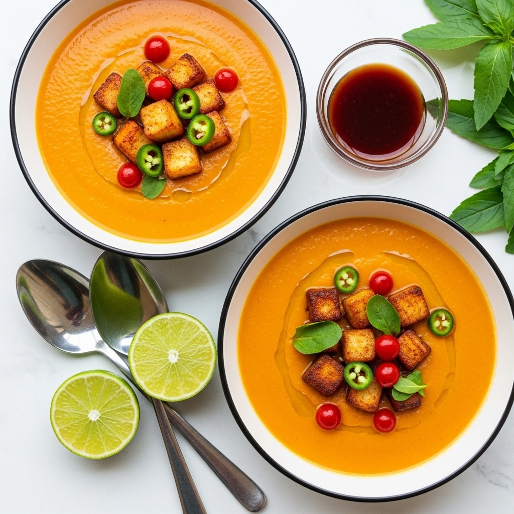 Two white bowls with black rims are filled with smooth orange soup. On top of each soup, there are golden brown roasted cubes, small green herb leaves, green sliced peppers, and small bright red round toppings. Next to the bowls, there is a small glass bowl containing dark red sauce. On the white marbled surface, two silver spoons are placed with two halves of a green lime resting on them. Green herb leaves are partially visible on the right side. The light shows soft reflections on the soup surface and shiny metal spoons. Photo taken with an iphone --ar 4:5 --v 7