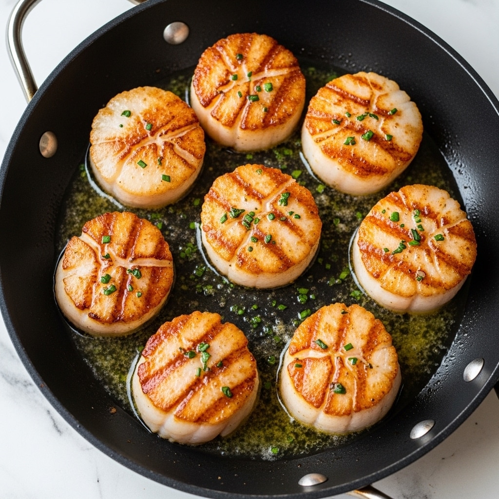 Seven large seared scallops with a golden brown top layer showing caramelized grill marks sit in a layer of melted butter in a dark pan. The scallops have a thick white base with a slightly translucent texture under the browned top, and small green herb bits are sprinkled on the scallops and in the butter around them. The pan has a smooth black interior, contrasting with the scallops' warm color. The entire scene is set on a white marbled textured surface. photo taken with an iphone --ar 4:5 --v 7