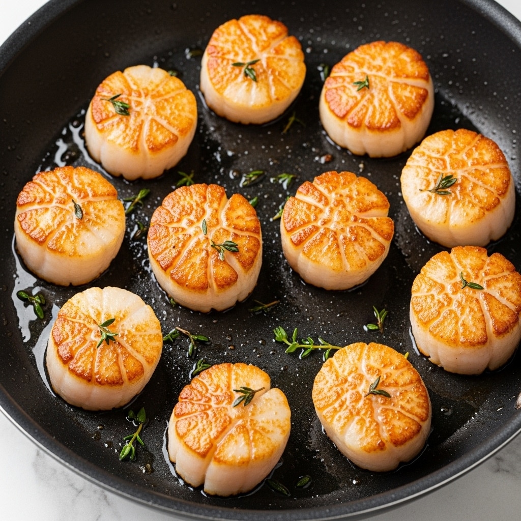 Nine round scallops are arranged in a black pan, each scallop showing a golden brown sear on the top surface with crispy edges. The scallops have a plump creamy white base with slight vertical ridges and some green herb sprigs scattered beneath and around them in the pan. There is a thin layer of glistening cooking oil creating reflections on the pan surface, enhancing the seared texture of the scallops. The pan sits on a white marbled texture background. photo taken with an iphone --ar 4:5 --v 7