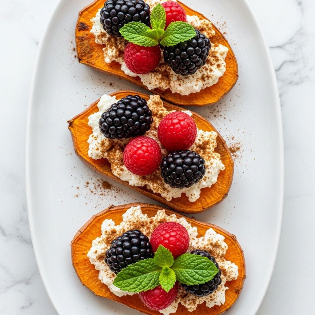 The image shows three slices of roasted sweet potato arranged on a long white plate with a white marbled surface underneath. Each sweet potato slice is orange with a slightly crisp, browned edge. On top of each slice is a layer of creamy white ricotta cheese, topped with a sprinkle of brown cinnamon powder. Fresh blackberries and raspberries are placed on the cheese, adding dark purple and bright red colors. Green mint leaves are used as decoration on two slices, giving a fresh look. Photo taken with an iphone --ar 4:5 --v 7