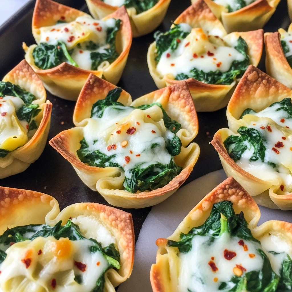 The image shows several small, cup-shaped bites made from thin, golden-brown crispy wonton wrappers forming the base and sides. Each cup is filled with a creamy layer of melted white cheese mixed with bright green chopped spinach, and small specks of red seasoning scattered throughout. The texture of the cheese looks smooth and rich, with some parts slightly browned from baking. The cups are arranged closely together on a dark baking tray, with a few places showing a white marbled texture underneath. photo taken with an iphone --ar 4:5 --v 7