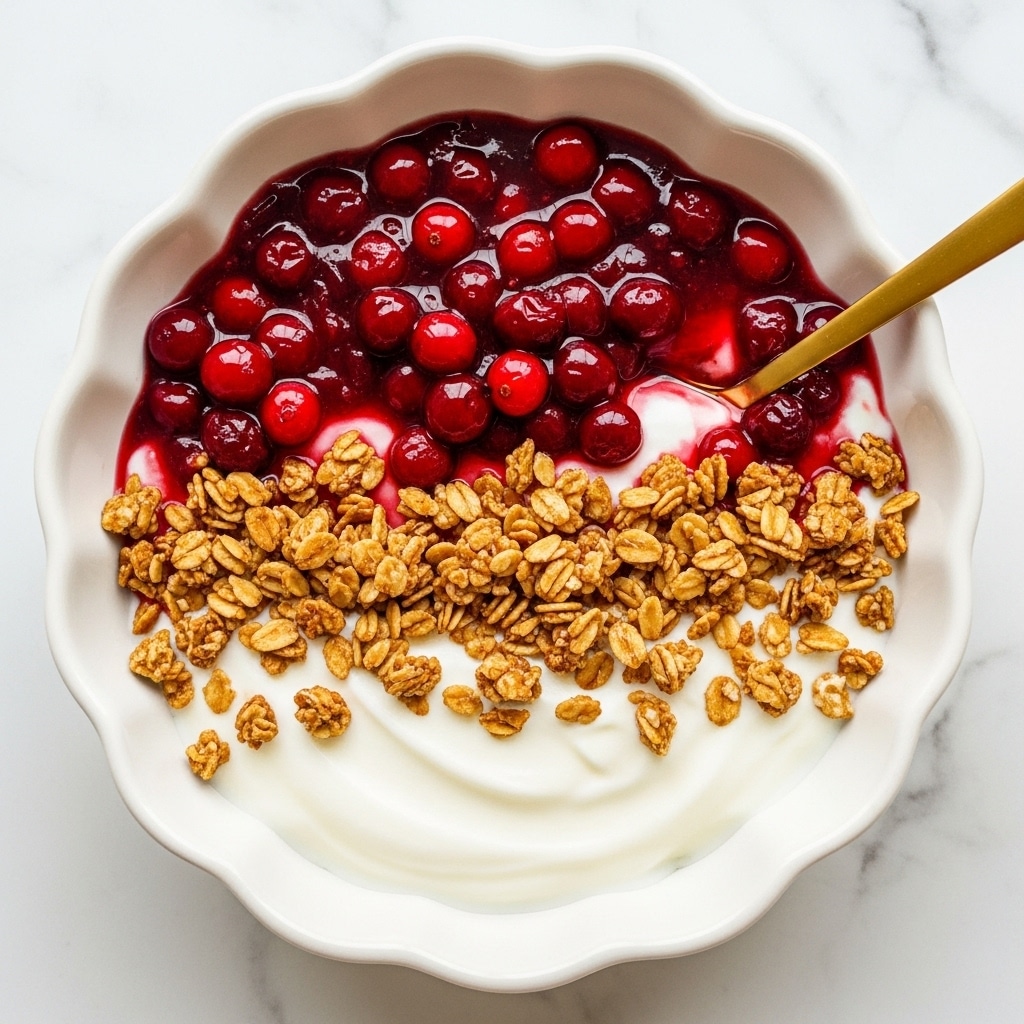 The image shows a white scalloped bowl filled with three main layers. The bottom layer is white creamy yogurt. On top of the yogurt, there is a thick layer of golden-brown granola with a crunchy texture. The top layer is a bright red berry sauce with whole berries, adding a juicy and shiny look. A gold spoon rests in the bowl, mixing the layers slightly. The background is a white marbled surface. photo taken with an iphone --ar 4:5 --v 7