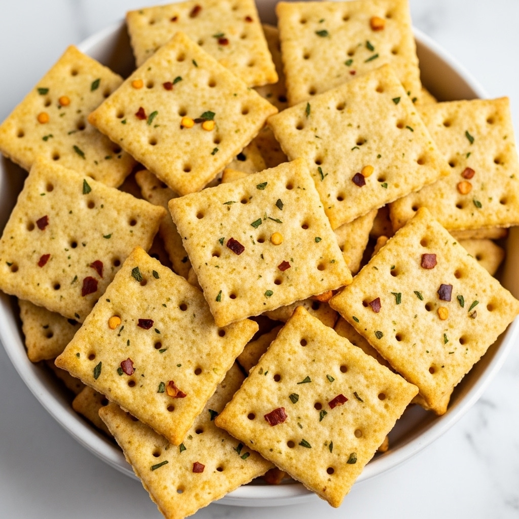 The image shows a close-up of multiple layers of square crackers spread out unevenly in a white bowl. Each cracker has a light golden color with small bits of red pepper flakes and green herbs scattered throughout its surface, giving texture and spots of color. The crackers are piled thickly, filling the bowl almost to the top, with their edges slightly browned and numerous tiny holes on each piece. The bowl sits on a white marbled textured surface. photo taken with an iphone --ar 4:5 --v 7