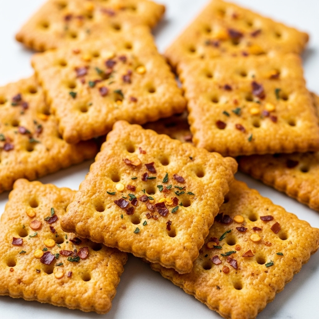 The image shows a close-up of square crackers with a golden-brown color, each topped with small flakes of red seasoning and bits of green herbs. The crackers have slightly raised edges with small perforations, and their texture looks crisp and flaky. They are piled on a white marbled surface, giving a clean and bright background to the warm tones of the crackers. The colors are natural and the lighting highlights the subtle details and textures on each cracker. Photo taken with an iphone --ar 4:5 --v 7