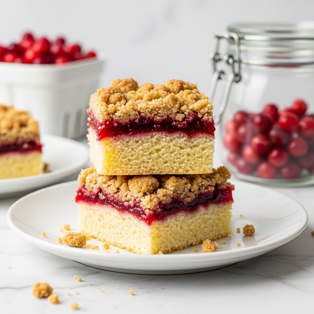 The image shows two square crumb cake pieces stacked on a white plate with a few crumbs around them. Each piece has three layers: the bottom layer is a soft, light yellow cake, the middle is a thin bright red fruit layer with a slightly glossy texture, and the top layer is a crumbly, light brown streusel topping. In the background, there is a blurred white container filled with red berries and a glass jar with a metal latch containing more red berries. The scene is set on a white marbled surface. Photo taken with an iphone --ar 4:5 --v 7