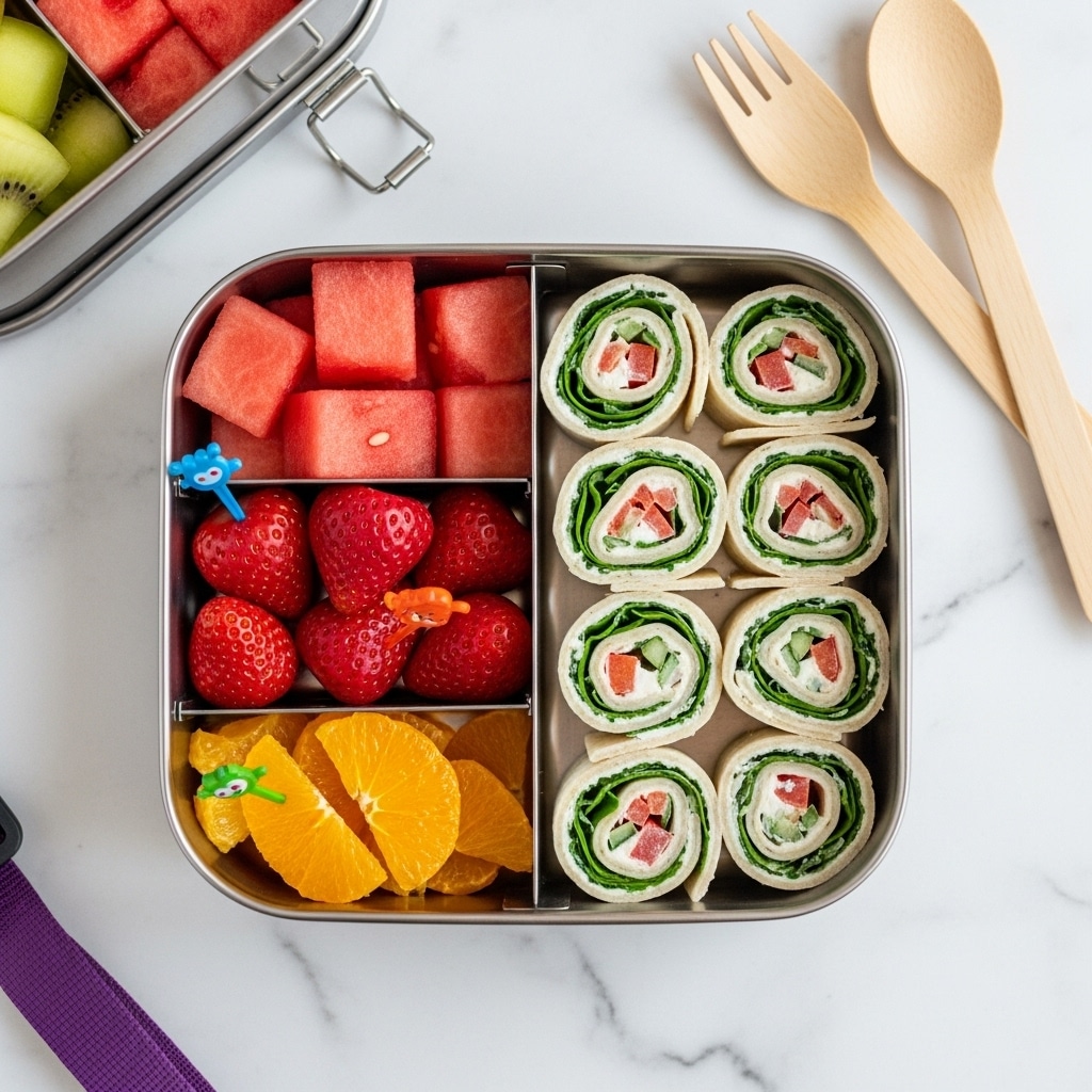 The image shows eight small rolled wraps placed directly on a wooden surface. Each wrap consists of a thin pale yellow outer tortilla layer, filled with a thick white creamy spread mixed with small pieces of orange carrots, green herbs, and red bell peppers. The filling is evenly spread inside, creating soft spirals with visible colorful vegetable bits in every slice. The texture of the wraps looks soft and moist, with the creamy filling contrasting against the smooth tortilla. The rolls are cut into bite-size pieces, arranged in a casual cluster. photo taken with an iphone --ar 4:5 --v 7