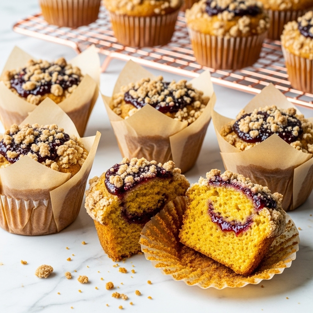 This image shows several muffins wrapped in light brown parchment paper liners arranged on a white marbled surface. Each muffin has a rough golden-brown crumb topping sprinkled over a top layer of dark red berry jam which peeks through. One muffin is cut in half in the center, showing a moist, yellow-orange interior with a thin, glossy red jam layer just below the crumb topping. The texture of the muffins looks soft and spongy with crumbs scattered around. In the background, a copper cooling rack holds more muffins, adding a warm contrast. photo taken with an iphone --ar 4:5 --v 7