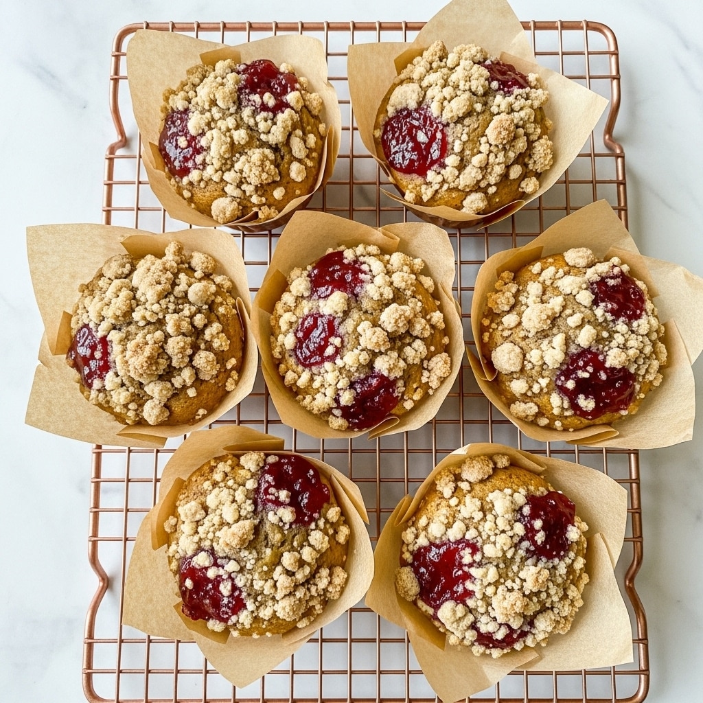 The image shows six muffins placed on a copper-colored wire cooling rack, each wrapped in light brown parchment paper. The muffins have a golden-brown base with a crumbly streusel topping that is light tan in color and textured with small crunchy crumbs. Bright red jam is visible peeking through the streusel on the surface of each muffin, adding a pop of color and a slightly glossy texture. The background is a smooth white marbled texture, giving a clean and bright look to the composition. photo taken with an iphone --ar 4:5 --v 7