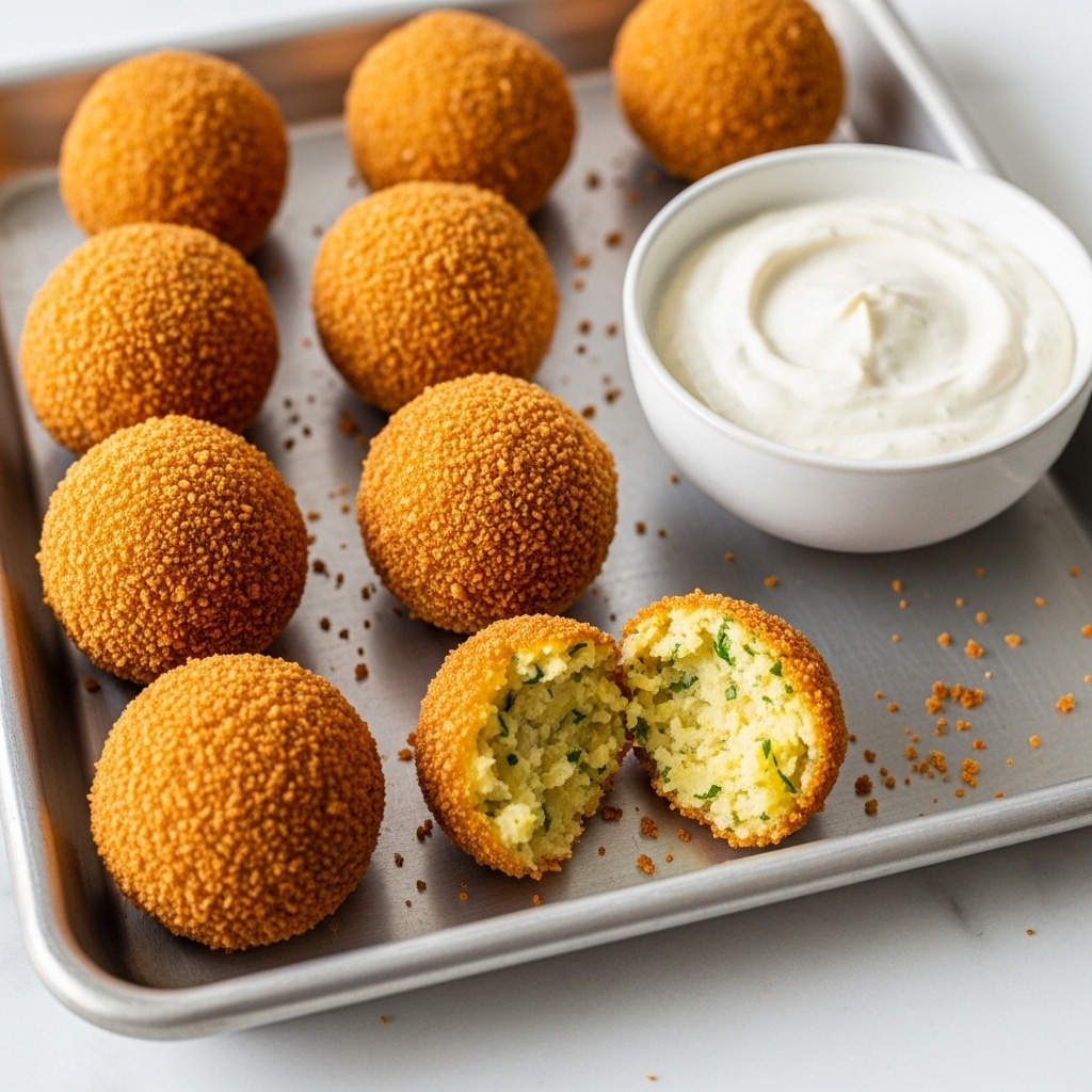 Eight golden-brown crispy balls sit on a silver baking tray with one ball broken open to show a soft, pale yellow inside mixed with green herbs. To the right, there is a small white bowl filled with smooth, white dip. The tray is set on a white marbled surface, and small crumbs of the fried coating are scattered around the balls. The overall look is warm and inviting. Photo taken with an iphone --ar 4:5 --v 7